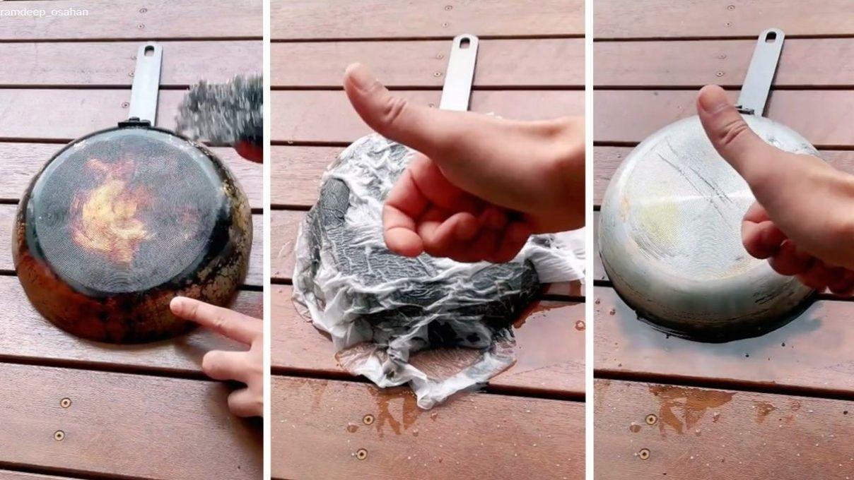 ترفند خانه داری| روش از بین بردن سیاهی کف قابلمه تفلون با جوش شیرین!